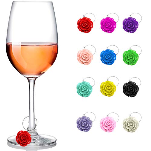 Wine Glass Charms 12 Pieces Wine Themed Wine Glass Drink Markers for Cocktails Martinis Champagne Flutes, Wine Tasting Party Decoration Supplies Gift, Roses Flower