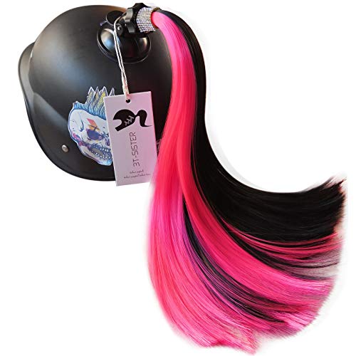 3T-SISTER Crystal Helmet Pigtails 14inch Helmet Ponytail Decoration for Motorcycle Bicycle Ski Helmet Accessories Reusable Suction Cup Rhinestone Design (Black and Pink Color)