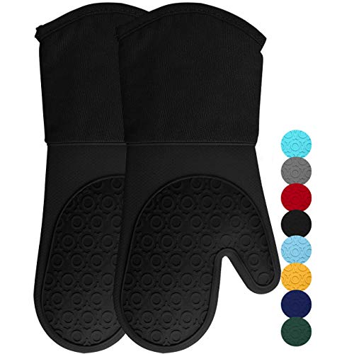 HOMWE Extra Long Professional Silicone Oven Mitt, Oven Mitts with Quilted Liner, Heat Resistant Pot Holders, Flexible Oven Gloves, Black, 1 Pair, 13.7 Inch