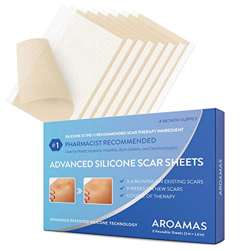 Aroamas Professional Silicone Scar Sheets, Soften and Flattens Scars Resulting from Surgery, Injury, Burns, Acne, C-section and more, Soft Silicone Scar Strips, 3'×1.57', 8 Sheets (4 Month Supply)