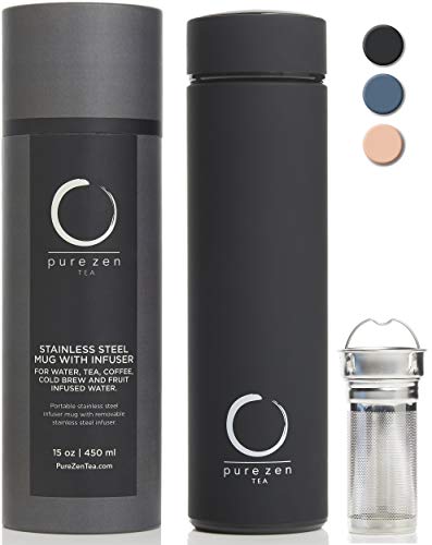 Pure Zen Tea Thermos with Infuser - Stainless Steel Insulated Tea Infuser Tumbler for Loose Leaf Tea, Iced Coffee and Fruit-Infused Water - Leakproof Tea Tumbler With Infuser - 15oz - Black