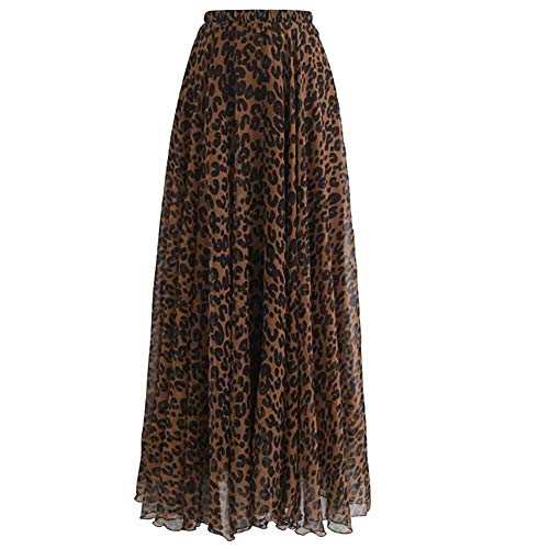L'VOW Women's Elastic Leopard Print Watercolor Maxi Skirt High Waisted Dress Pleated Shirring (Brown, L)