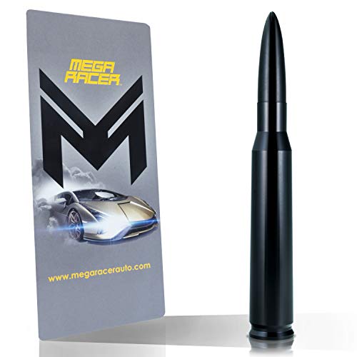 Mega Racer 50 Cal Bullet Antenna - 5.5 Inch AM/FM Compatible, Universal Fit for Trucks and Cars, Solid Aluminum with Anti-Theft Design and Car Wash Safe - Black