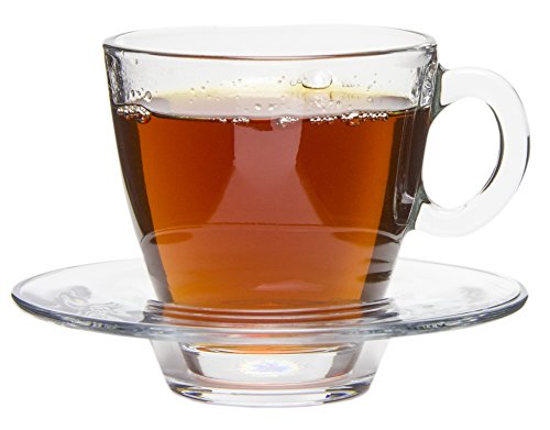 Tesoro Modern Clear Glass Tea Coffee Cups with Matching Saucers, Set of 6-7.25 oz