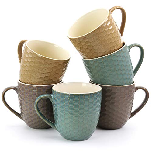 Elama HoneySuckle 6 Piece Embossed Stoneware 15 Ounce Coffee and Tea Mug Set in Assorted Colors