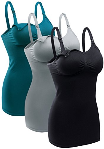 Womens Nursing Tank Tops Built in Bra for Breastfeeding Maternity Camisole Brasieres Color Black Grey Green Size L Pack of 3