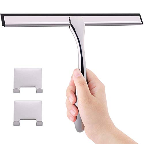 GLAMFIELDS Shower Squeegee Premium Silicone Blade Window Squeegee for Shower Doors, Bathroom, Mirrors, Tiles, Car Glass, Streak Free Shine with 2 Hooks, Stainless Steel, 10 Inches