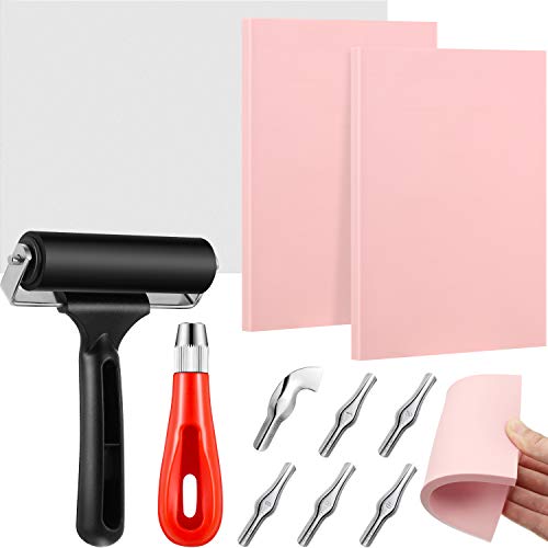 Rubber Stamp Making Kit, Block Printing Starter Tool Kit, Linoleum Cutter with 6 Types Blades, Tracing Paper, 2 Pieces Pink Rubber Carving Block, Brayer Roller for Craft Stamp Carving