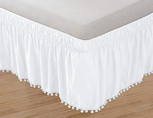 Elegant Comfort POM-POM-BedSkirt-Queen/King White Top-Knot Tassle Pompom Fringe Ruffle Skirt Around Style Elastic Bed Wrap-Wrinkle Resistant 16' Drop, Queen/King, White