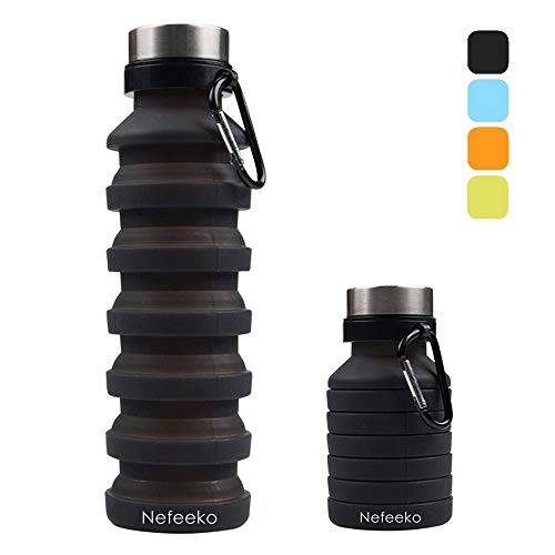 Nefeeko Collapsible Water Bottle, Reuseable BPA Free Silicone Foldable Water Bottles for Travel Gym Camping Hiking, Portable Leak Proof Sports Water Bottle with Carabiner, 18oz (Black)