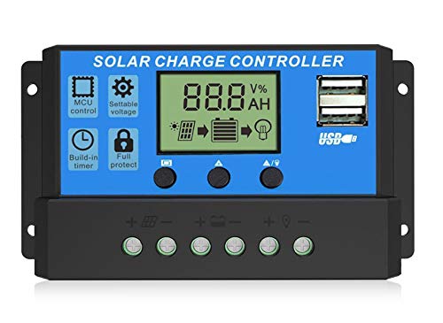EEEKit 30A Solar Charge Controller, Dual USB Port Solar Panel Battery Intelligent Regulator, Multi-Function Adjustable LCD Display with Timer Setting On/Off Hours, 12V24V 30A