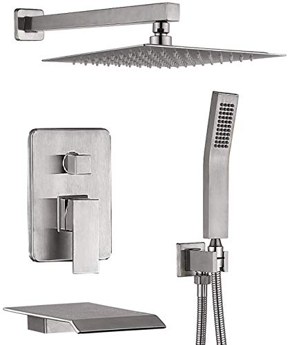 CHING Shower System Brushed Nickel Wall Mounted Shower Faucet Set with Waterfall Tub Spout and 10 Inch Rain Shower Head Rain Mixer Shower Faucet Combo Set All Metal (Brushed Nickel 10 Inch)