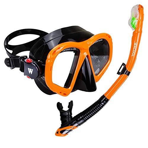 WACOOL Snorkeling Package Set for Adults, Anti-Fog Coated Glass Diving Mask, Snorkel with Silicon Mouth Piece,Purge Valve and Anti-Splash Guard (Orange)