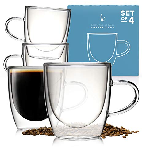 Glass Coffee or Tea Cups Drinking Glasses Set of 4-5oz Double Walled Thermo Insulated Mugs with Handle for Espresso Latte Cappuccino