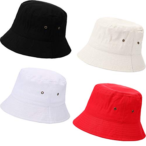 SATINIOR 4 Pieces Bucket Hat Cotton/Denim Packable Travel Hat Washed Beach Fishing Hat (Black, White, Beige, red, 58 cm)