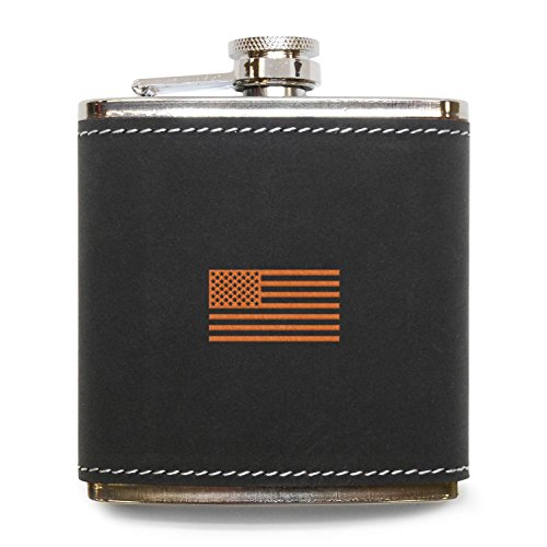 MODERN GOODS SHOP American Flag Flask - Stainless Steel Body With Grey Leather Cover - 6 Oz Leather Hip Flask - Made In USA