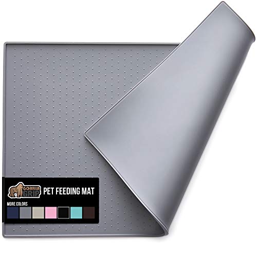 Gorilla Grip Silicone Pet Feeding Mat, Easy Clean, 18.5x11.5, Dishwasher Safe, Waterproof, Raised Edges, Pets Placemat Tray Mats to Stop Cat Food Spills and Water Bowl Messes on Floor, Gray