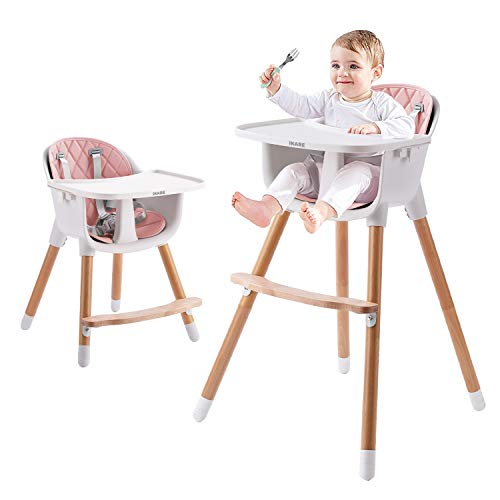 IKARE Wooden Natural Baby High Chair W/Removable Tray & Safety Harness, 3-in-1 Infant Highchair/Booster/Kid Chair | Grows with Your Child | Adjustable Legs | Modern Wood Design (Pink)