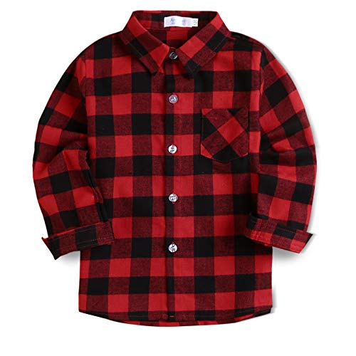 Arshiner Kid Girl Boy Long Sleeve Button Down Red Plaid Flannel Shirt with Pocket