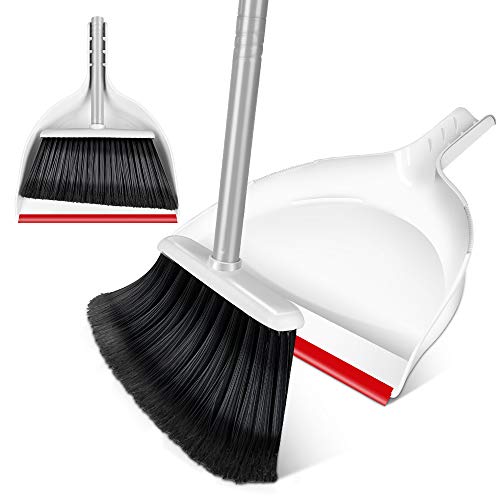 MASTERTOP Broom and Dustpan Set -Angle Broom with Handy Clip-on Dustpan, Light Broom with 51” Long Extendable Handle for Desk，Floor，Garage and Kitchen Red White