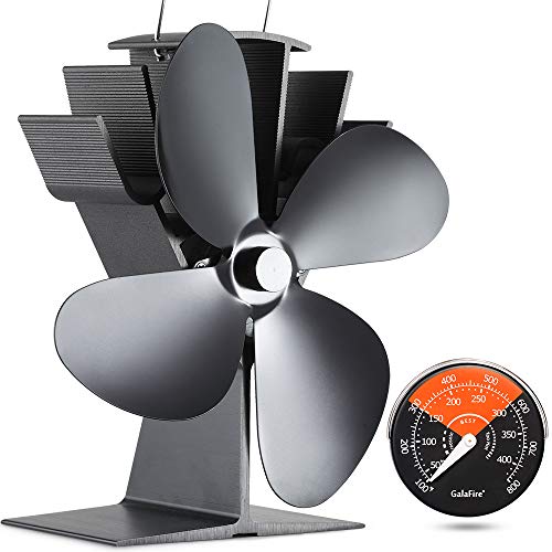 GALAFIRE [ 2 Years ] 122°F Start Silent Heat Powered Wood Stove Fan 4 Blade Black Small for Gas/Pellet/Wood/Log Burning Stoves + Thermometer
