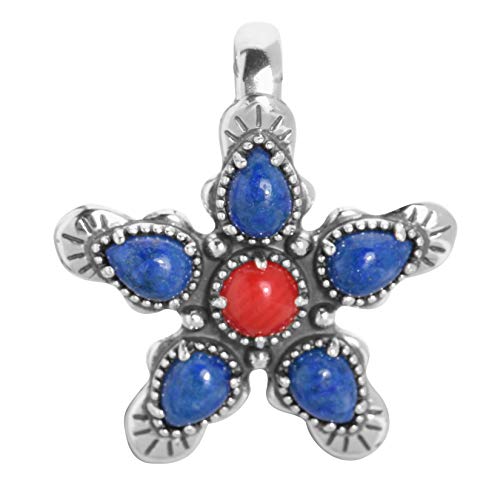 American West Sterling Silver Blue Lapis and Red Coral Gemstone Scalloped Star Pendant Enhancer