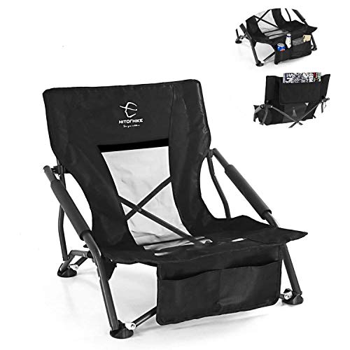 Hitorhike Low Sling Beach Camping Concert Folding Chair with Armrests and Breathable Nylon Mesh Back Compact and Sturdy Chair (Black)