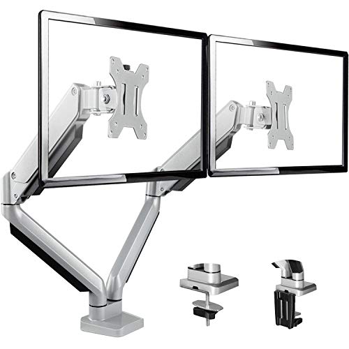Dual Monitor Mount Stand - Height Adjustable Gas Spring Monitor Desk Mount Swivel VESA Bracket Fit Two 17 to 32 Inch Computer Screens with Clamp, Grommet Mounting Base, Each Arm Holds up to 17.6lbs