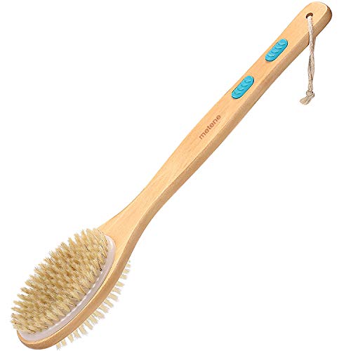 Shower Brush with Soft and Stiff Bristles,for Exfoliating Skin and A Soft Scrub,Double-sided Brush Head for Wet or Dry Brushing,Specially Long Wooden Handle Cleans the Body Easily
