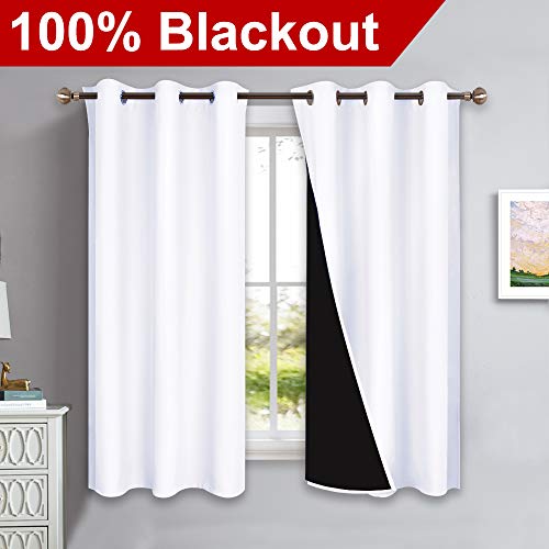 NICETOWN Pure White 100% Blackout Lined Curtains, 2 Thick Layers Completely Blackout Window Treatment Panels Thermal Insulated Drapes for Kitchen (1 Pair, 42-inch Width x 63-inch Length Each Panel)