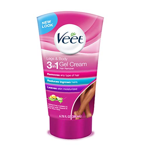 Veet Legs & Body 3 in 1 Gel Cream Hair Remover 6.78 oz. Sensitive Skin Formula, Infused with Aloe Vera and Vitamin E. Reduces Ingrown Hair and Moisturizes Skin. Removes All Hair Types (Pack of 1)
