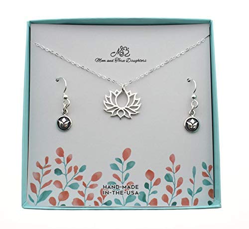 Blooming Lotus Pendant in Sterling Silver on an 18' Sterling Silver Cable Chain With Sterling Silver Lotus Bud Earrings. Jewelry Set. Lotus