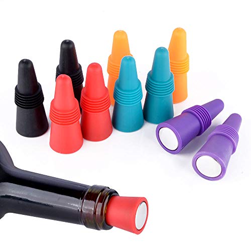 SZUAH Wine Bottle Stopper (Set of 10), Silicone Reusable Wine and Beverage Bottle Stopper with Grip Top, Assorted Color.(Red, Blue, Orange, Purple, Black)