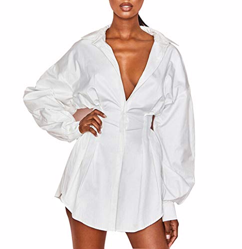 Fashion Sexy Women's Long Sleeve Collar Button Down Short Shirt Dress Casual Work Slim-Fit Tunic Tops Blouse (White, Small)