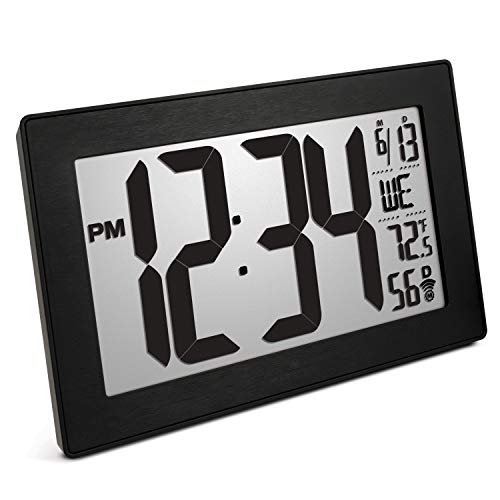 Marathon Slim Panoramic Atomic Full Calendar Wall Clock with 8 Time Zones, Indoor Temperature, and Stand - Batteries Included - CL030068BK-BS (Black Case/Black Stainless Finish)