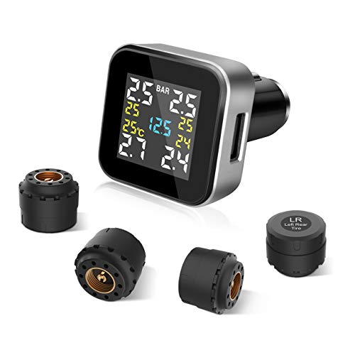 Tymate Tire Pressure Monitoring System-Full-Color Screen Design, 6 Alarm Modes, CLA Charging Method, Simple Installation and Setup, with 4 Advanced External Tpms Sensor (0-0.6 Bar/ 0-87 PSI)
