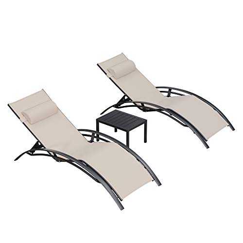 PURPLE LEAF Patio Chaise Lounge Sets 3 Pieces Outdoor Lounge Chair Sunbathing Chair with Headrest and Table for All Weather, Beige