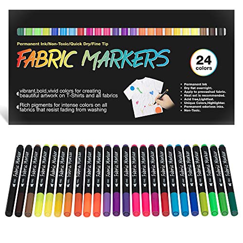 Fabric Markers Permanent for T Shirts Baby Clothes Onesies Bibs White Pillow Tote Canvas Bags Clothing - No Bleed - Fine Tip - Child Safe & Non Toxic. JR.WHITE Fabric Paint Pens Set of 24 Colors