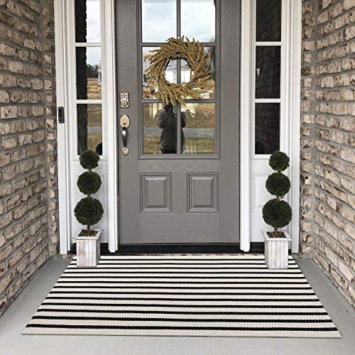 Black Stripe Rug, Collive Farmhouse Cotton Woven Area Rug Layered Welcome Door Mat Doormat, Washable Porch Floor Runner Rug Throw Carpet for Kitchen Outdoor Decoration (3' x 5', Black Strips)
