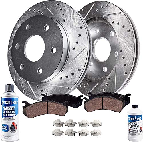 Detroit Axle Front Drilled Slotted Disc Brake Rotors + Pads(w/Hardware) Replacement for Chevy GMC Express Silverado Suburban Savana Sierra Yukon XL 1500 Avalanche Tahoe [6 Lug No Police]