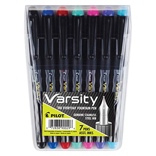 PILOT Varsity Disposable Fountain Pens, Medium Point Stainless Steel Nib, Black/Blue/Red/Pink/Green/Purple/Turquoise, 7-Pack Pouch (90029)