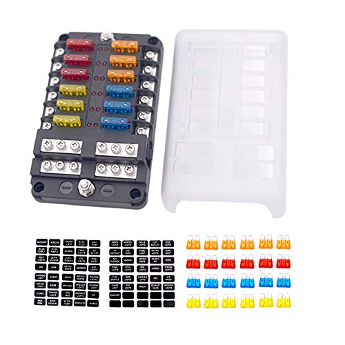 12-Way Fuse Block With ground, 12 Circuit ATC/ATO Fuse Box Holder with negative bus, Protection Cover & LED Light Indication, Bolt Terminals, 70 pcs Stick Label, For Auto Marine, Boat,With 24 pcs Fuse
