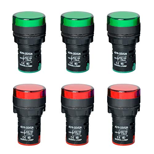 Gasher 12V/24V/110V 20mA Energy Saving Indicator Light Mounting Hole Size 22mm (7/8 Inch) Red Green 6 Pcs