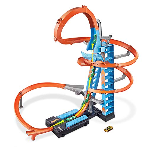 Hot Wheels Sky Crash Tower Track Set, 2.5+ ft / 83 cm High with Motorized Booster, Orange Track & 1 Vehicle, Race Multiple Cars, Gift for Kids 5 to 10 Years Old & Up (GWT39)