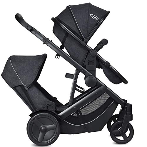INFANS Tandem Stroller, Single-to-Double Folding Pushchair with Reversible & Removable Seat, Convertible to Carrycot, Suspension Shock Absorbing, 2 Raincovers, Adjustable Push Handle