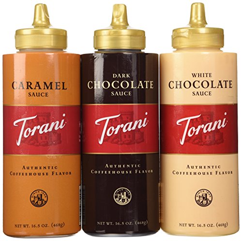 Torani Sauce 3 Pack Chocolate, Caramel, White Chocolate 16.5 Oz with New Packaging