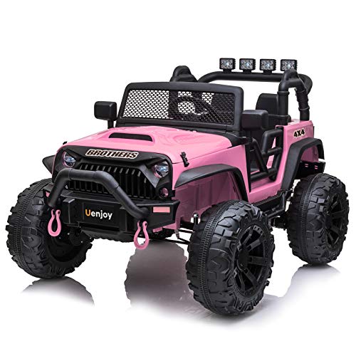 Uenjoy 12V Large Kids Electric Ride on Car 2 Seats Motorized Truck Battery Powered Children Electric Vehicles, Wheels Suspension, Remote Control, LED Lights, Music, Bluetooth, Pink