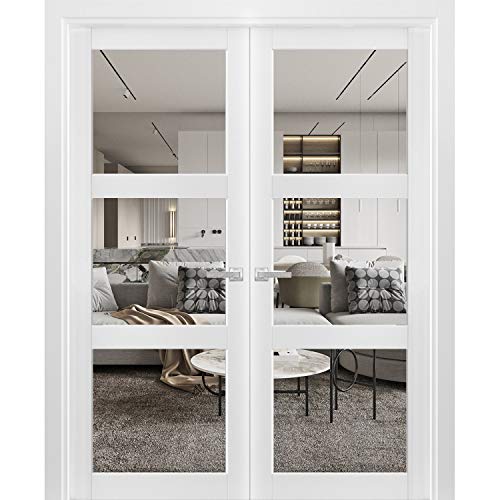 Solid French Double Doors 72 x 80 inches Clear Glass 3 Lites | Lucia 2555 Matte White | Wood Solid Panel Frame Trims | Closet Bedroom Sturdy Doors