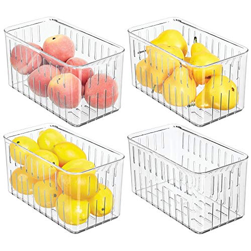 mDesign Plastic Kitchen Refrigerator Produce Storage Organizer Bin with Open Vents for Air Circulation - Food Container for Fruit, Vegetables, Lettuce, Cheese, Fresh Herbs, Snacks - M, 4 Pack - Clear