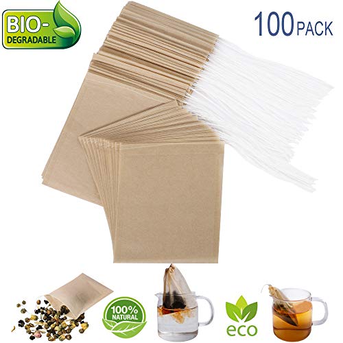 Eco-Fil Disposable Tea Filter Bags for Loose Tea, Wood Pulp Material, Biodegradable and Compostable, Unbleached Empty Tea Infuser Sachets with Drawstring, 100 Pack (3.2' x 4.0')